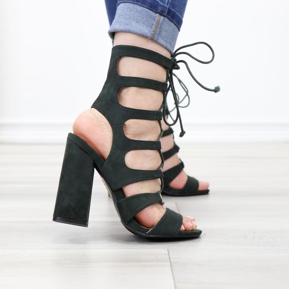 Olive Open Toe Chunky Block Heel Open Toe Sandal Gladiator Laced-Up Style Shoes - Picture 5 of 11